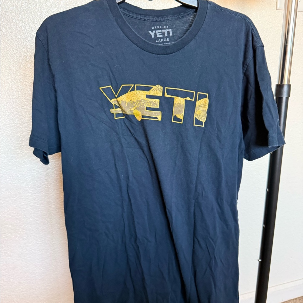 YETI Men's Dark Blue Tee with Gold Logo